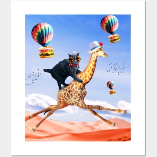 Cat Giraffe - Cat Riding Flying Giraffe with Burger Posters and Art